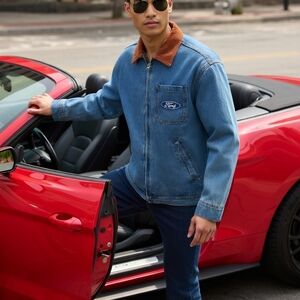 Vintage Style Ford Logo Denim Truck Jacket with Brown Corduroy Collar